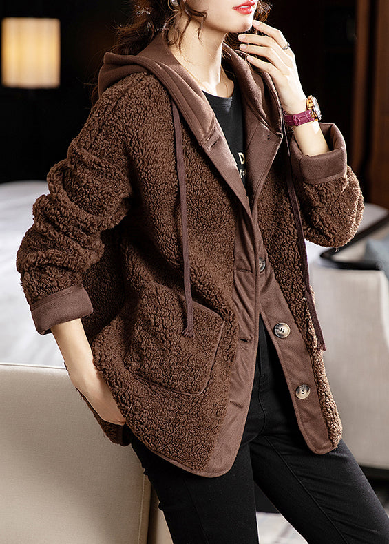 Coffee Pockets Patchwork Coats Teddy Faux Fur Hooded Long Sleeve