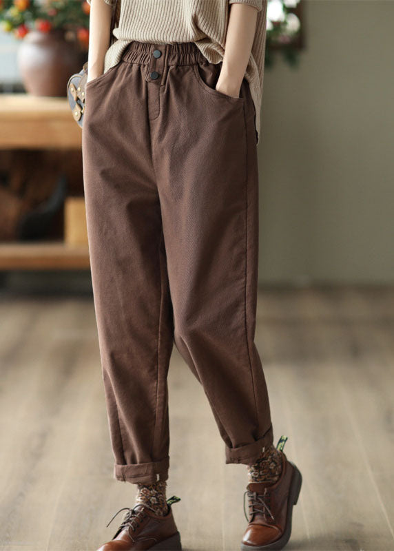 Chocolate Slim Cotton Harem Pants Elastic Waist Solid Fall