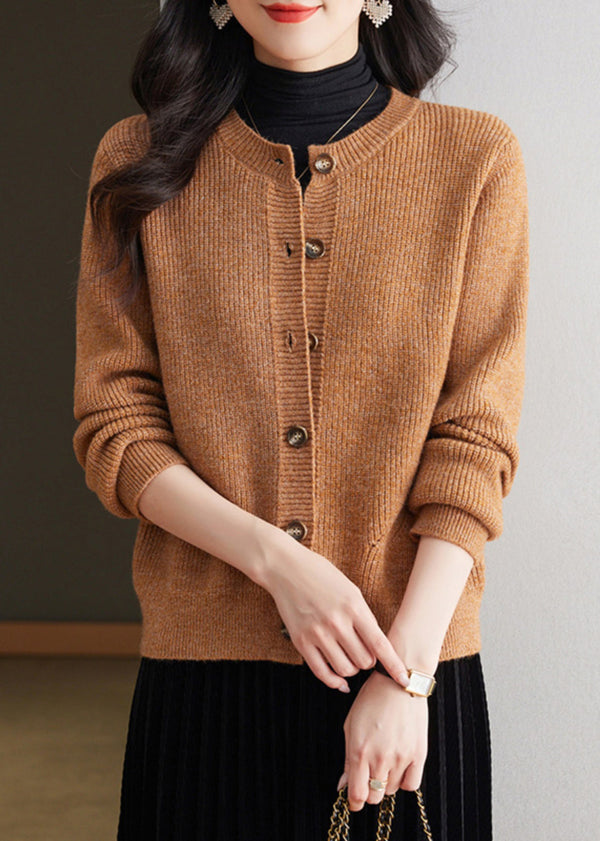 Coffee Solid Cozy Knit Fall Cardigans O Neck