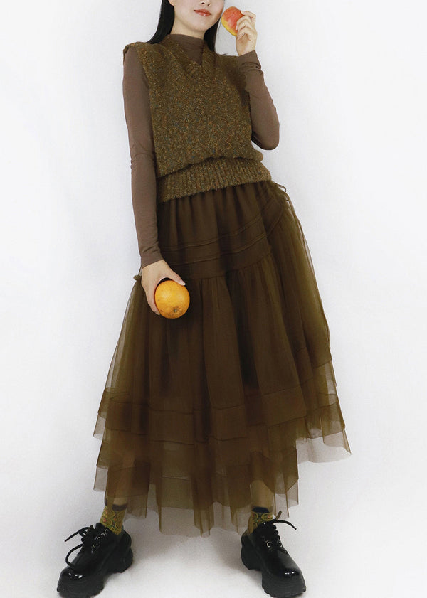 Chocolate V Neck Drawstring Tulle Patchwork Knit Long Dress Fall