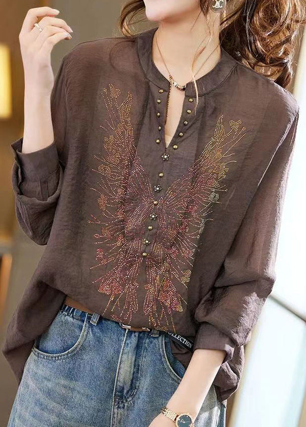 Coffee Zircon Patchwork Loose Chiffon Shirts Top V Neck Fall