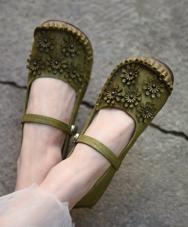 Comfortable Green Flat Feet Shoes Splicing Buckle Strap Floral