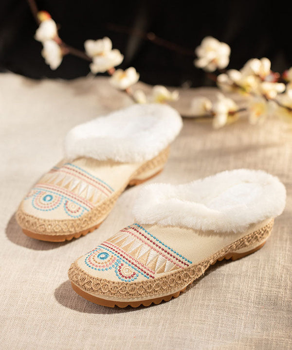 Comfy Splicing Women Beige Fuzzy Wool Lined Slippers Shoes