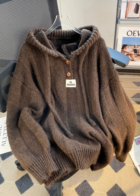 Cozy Coffee Hooded Drawstring Knit Sweatshirts Tops Winter