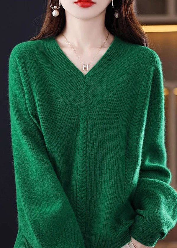 Cozy Green V Neck Solid Knit Knit Sweaters Fall