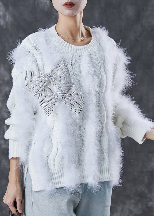 Cozy White Patchwork Mink Hair Knit Short Sweater Winter