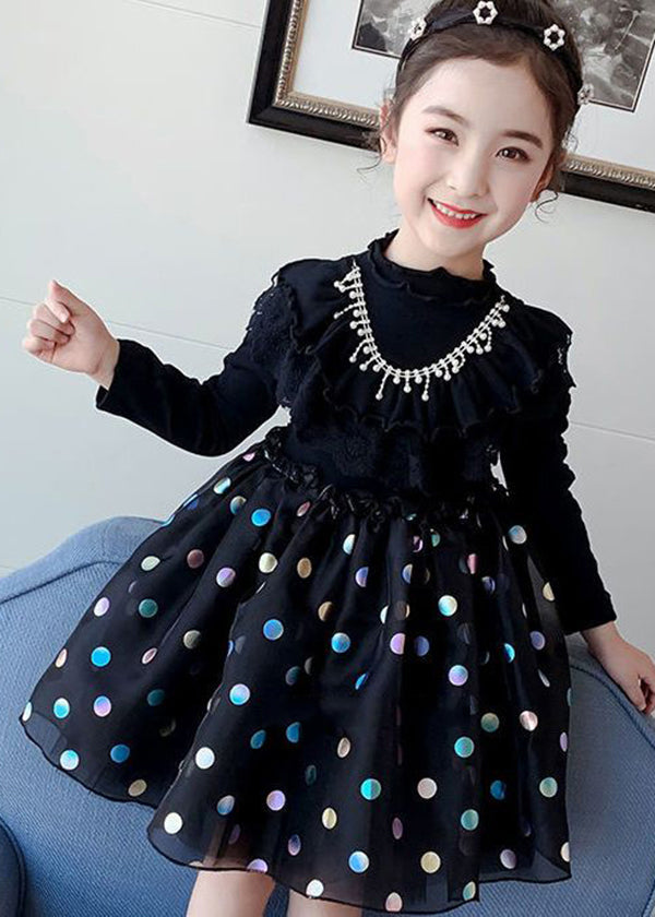 Cute Black Print Ruffled Tulle Patchwork Cotton Baby Girls Dress Fall