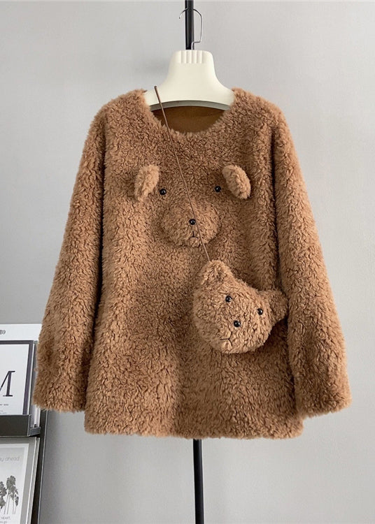 Cute Coffee O Neck Wool Loose Teddy Bear Winter Pullover