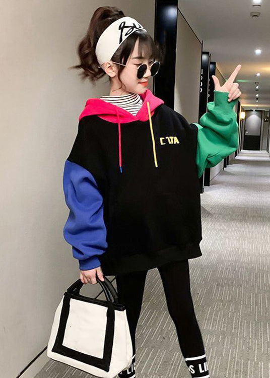 Cute Colorblock Hooded Print Patchwork Cotton Girls Sweatshirt Winter