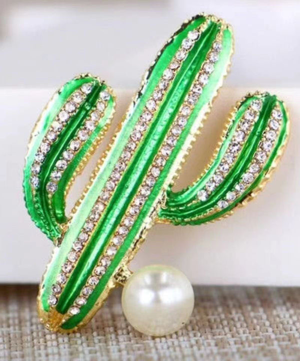 Cute Green Alloy Zircon Pearl Drip Glaze Cactus Brooches