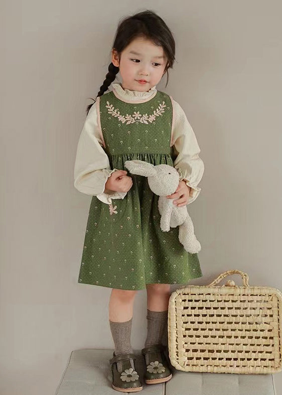 Cute Green Embroidered Ruffled Tops And Waistcoat Dress Cotton Girls Two Fall