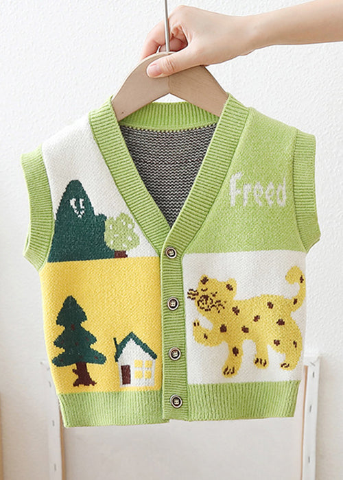 Cute Green V Neck Button Patchwork Knit Baby Waistcoat Sleeveless