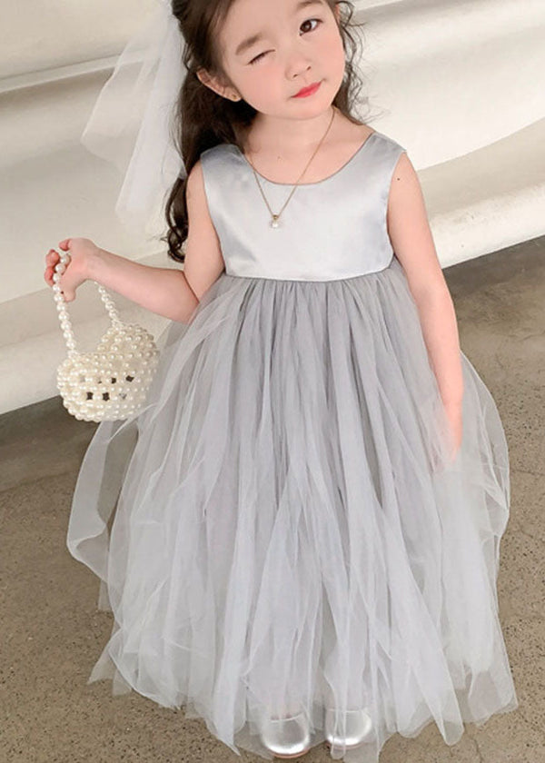 Cute Grey O Neck Wrinkled Patchwork Tulle Baby Girls Party Dress Sleeveless