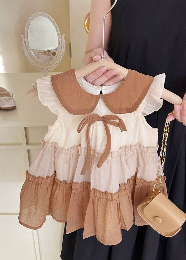 Cute Khaki Peter Pan Collar Ruffled Chiffon Kids Girls Dress Summer