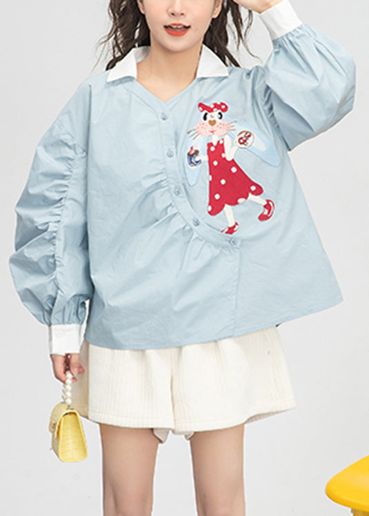 Cute Light Blue Embroidered Floral Button Cotton Shirts Spring