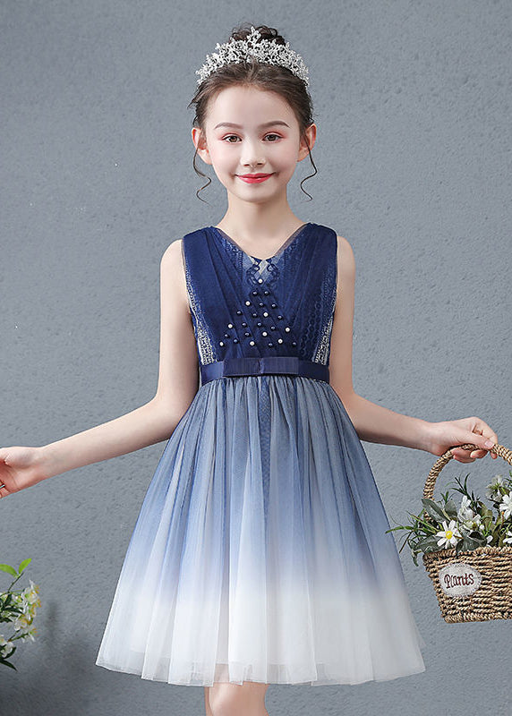 Cute Navy V Neck Nail Bead Gradient Color Tulle Baby Girls Maxi Dress Summer