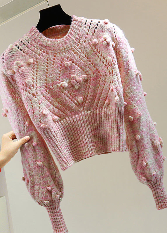 Cute Pink Embroidered Hollow Out Floral Cotton Knit Sweater Winter