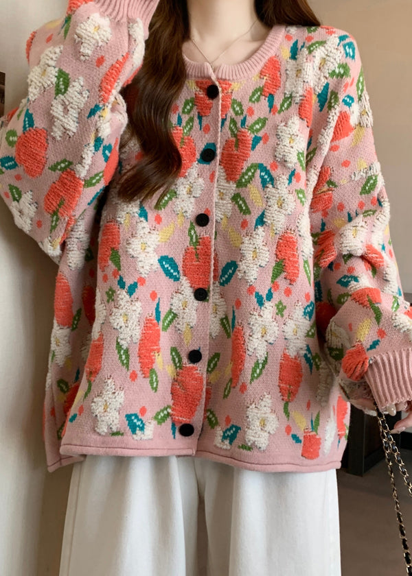 Cute Pink O Neck Jacquard Knit Loose Coat Winter