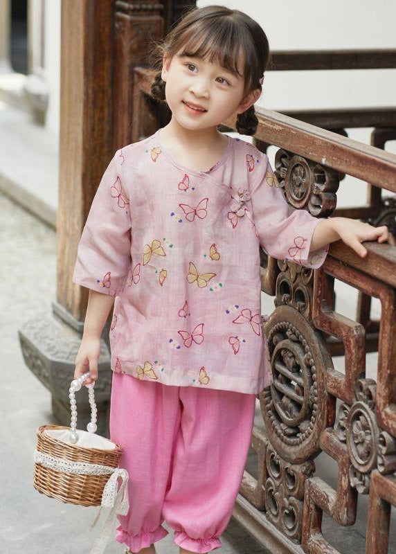 Cute Pink O-Neck Print Button Linen Shirt Summer