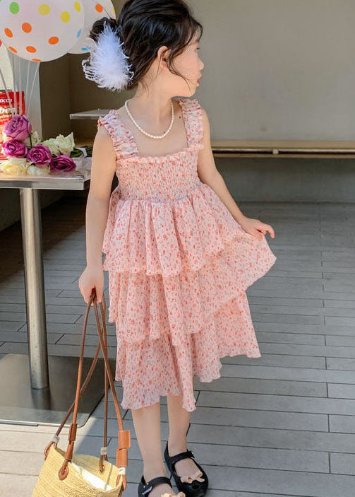 Cute Pink Ruffled Layered Patchwork Chiffon Kids Girls Dress Summer