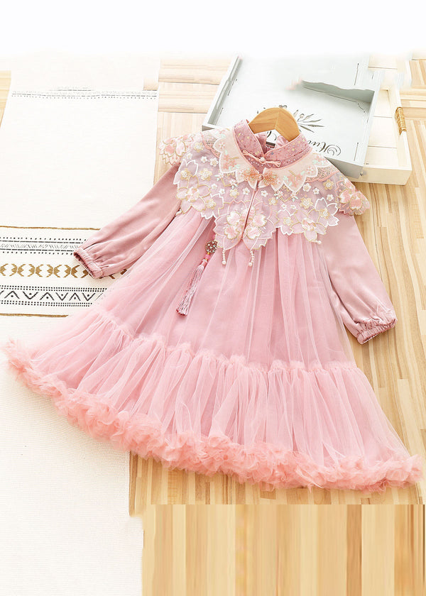 Cute Pink Stand Collar Sequins Patchwork Tulle Girls Shawl And Dress Two Pieces Set Long Sleeve