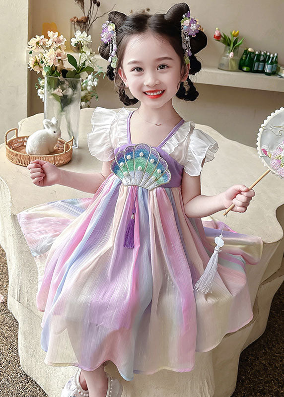 Cute Rainbow Ruffled Nail Bead Patchwork Chiffon Baby Girls Dress Summer