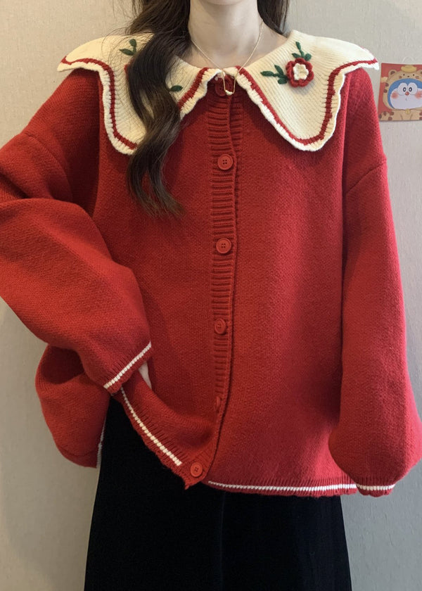 Cute Red Peter Pan Collar Embroidered Knit Loose Cardigans Winter