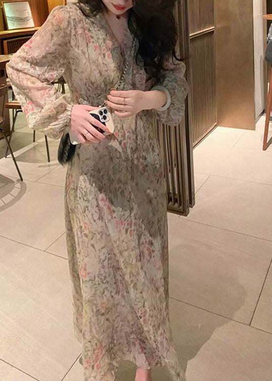 Cute V Neck Print Tie Waist Chiffon Long Dress Long Sleeve