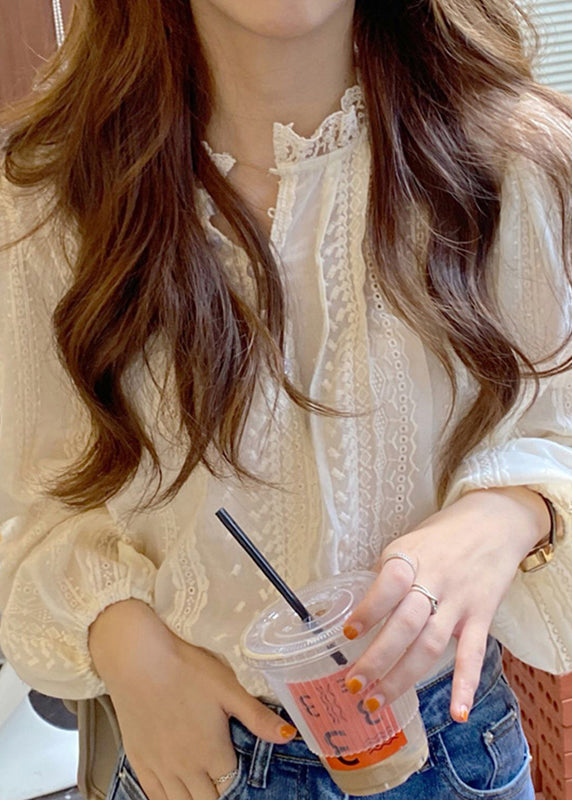 Cute White O-Neck Button Lace Shirts Spring