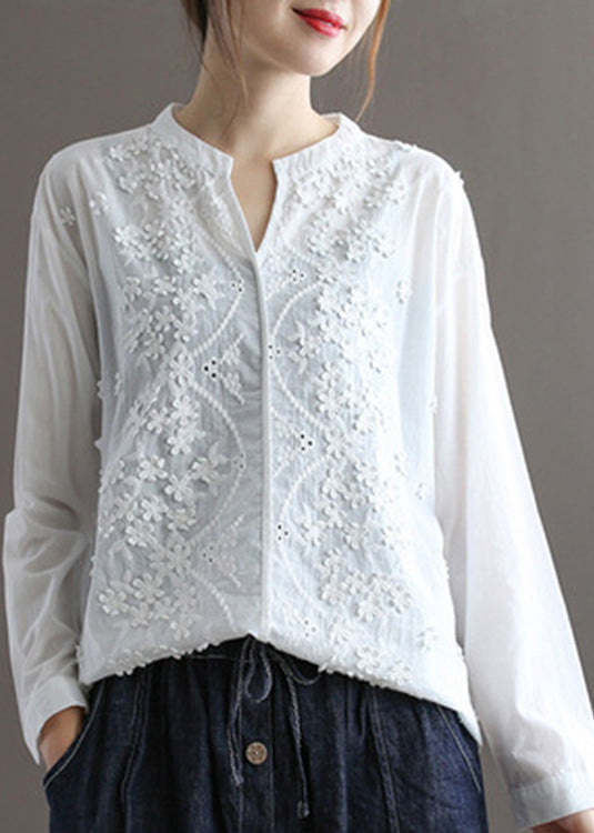 Cute White V Neck Embroidered Floral Solid Cotton Top Spring