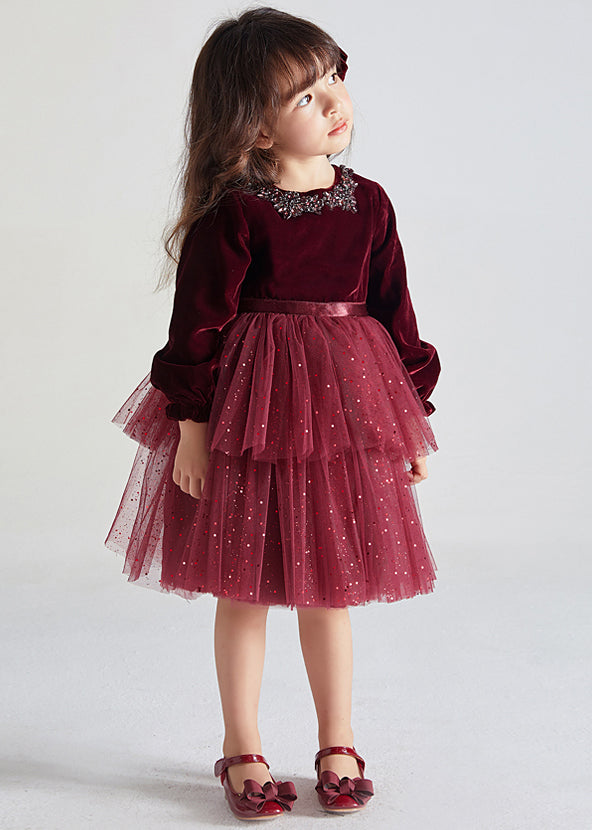 Cute Wine Red Ruffled Tulle Patchwork Warm Fleece Kids Girls Dress Fall