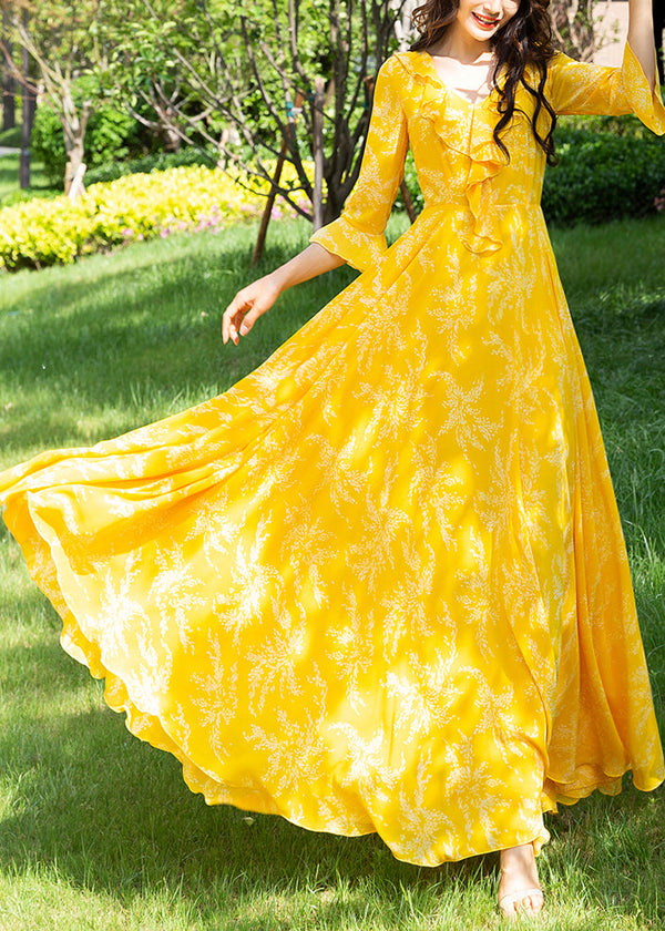 Cute Yellow Ruffled Print Slim Chiffon Maxi Holiday Dress Spring