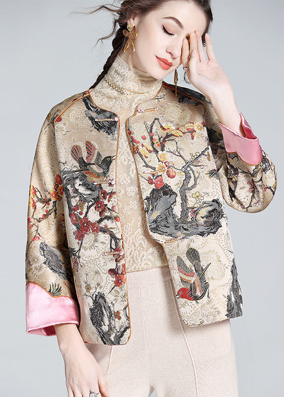 DIY Apricot O-Neck Embroidered Patchwork Chinese Button Silk Coats Spring