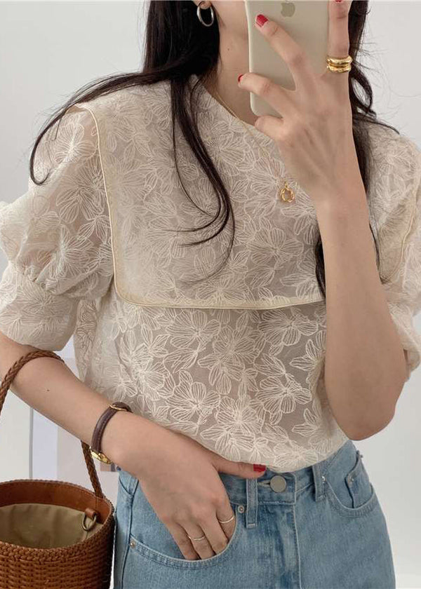 DIY Apricot Sailor Collar Embroidered Cotton Blouse Top Puff Sleeve