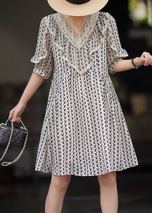 DIY Beige V Neck Ruffled Print Patchwork Chiffon Dresses Summer