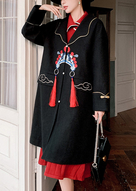 DIY Black Notched Embroidered Button Woolen Trench Coats Winter