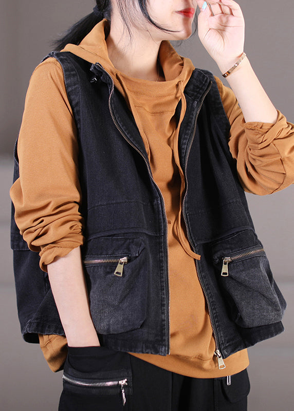 DIY Black Stand Collar Drawstring Patchwork Zippered  Denim Coat Fall