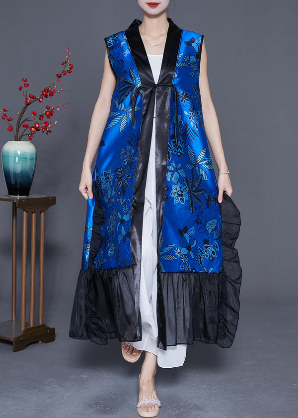 DIY Blue Ruffled Patchwork Chinese Button Silk Long Vest Summer