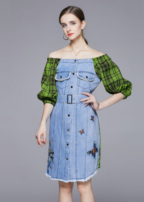 DIY Blue Slash Neck Embroidered Patchwork Cotton Denim Dress Lantern Sleeve