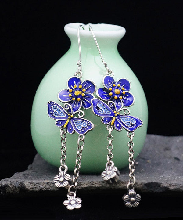 DIY Blue Sterling Silver Butterfly Floral Tassel Drop Earrings