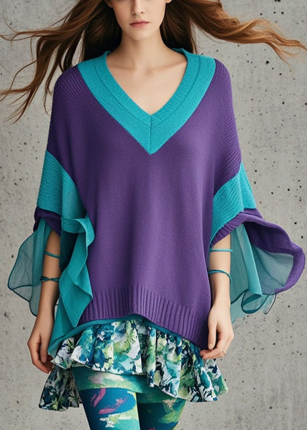 DIY Dull Purple V Neck Patchwork Tulle Sweater Fall