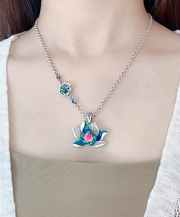 DIY Green Sterling Silver Cloisonne Lotus Hollow Out Pendant Necklace