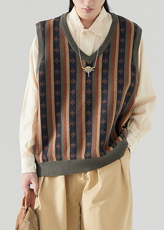 DIY Green V Neck Striped Print Knit Waistcoat Fall