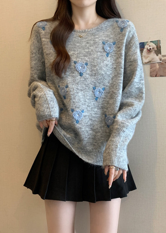 DIY Grey Blue O Neck Floral Cozy Knit Sweater Winter