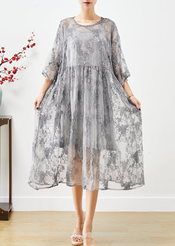 DIY Grey Embroidered Tulle Party Dress Two Piece Set Summer