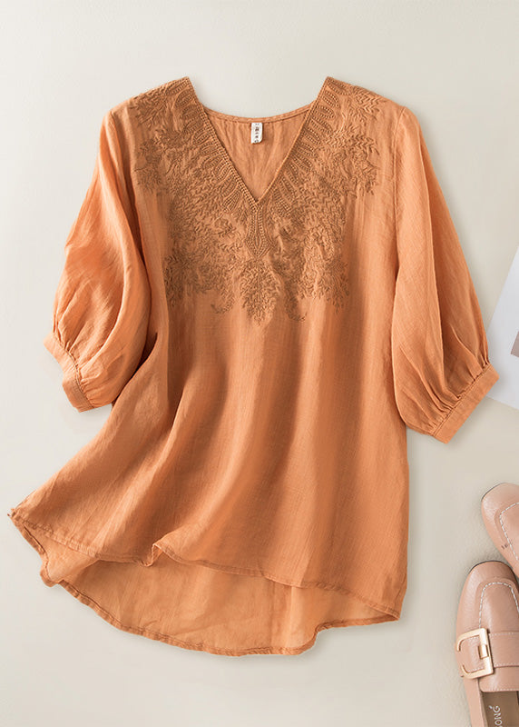 DIY Orange V Neck Embroidered Low High Design Linen Top Half Sleeve