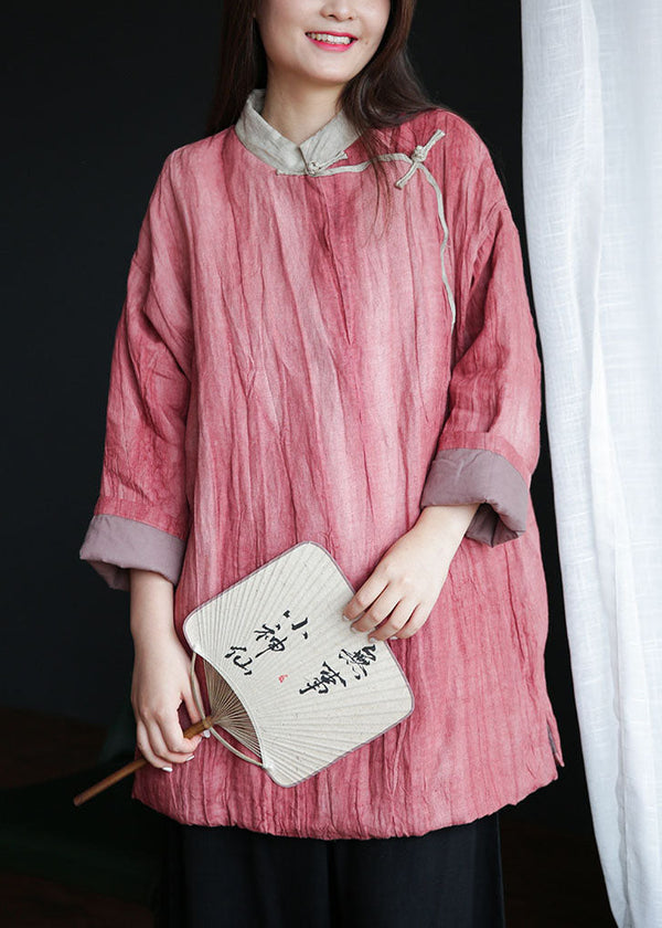 DIY Pink Stand Collar Patchwork Wrinkled Fine Cotton Filled Coats Winter