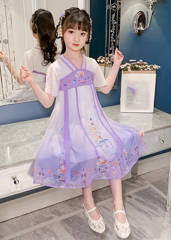 DIY Purple Embroidered Tassel Tulle Girls Long Dresses Summer