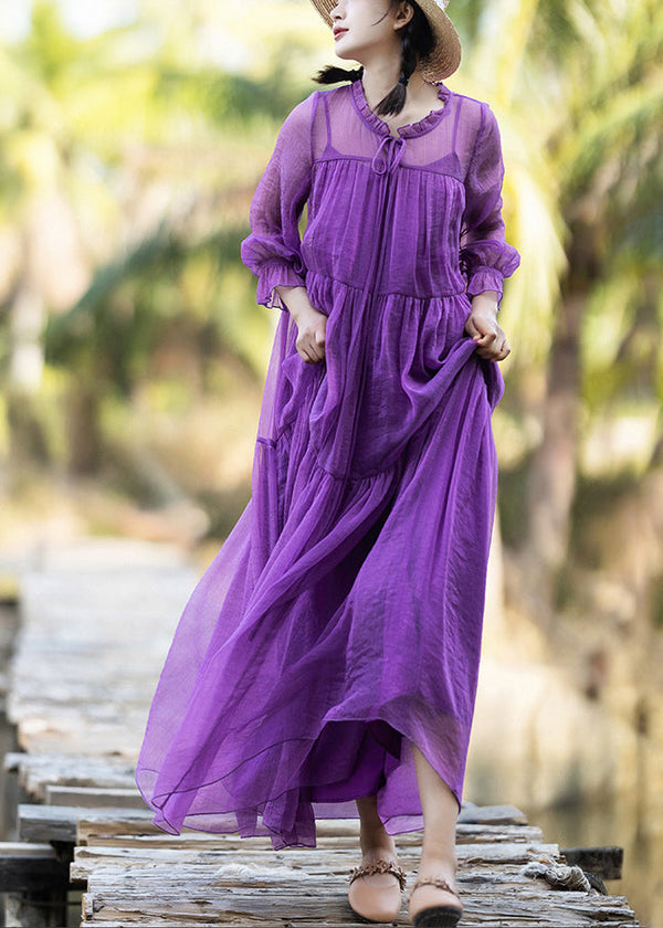 DIY Purple O-Neck Neck Tie Patchwork Chiffon Long Holiday Dresses Spring