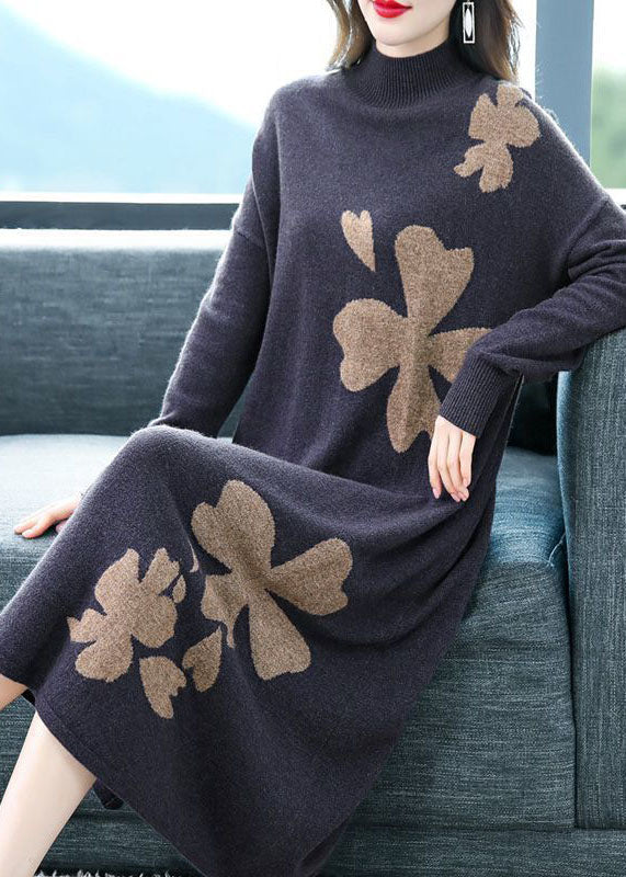 DIY Purple Stand Collar Embroidered Knit Cashmere Sweater Dress Long Sleeve